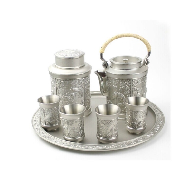 皇家梵诗纯手工雕刻精美纯锡器 茶具套装花纹茶叶罐壶杯